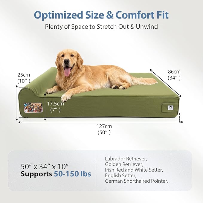 Sytopia XXL 50" Orthopedic Dog Bed – Outdoor, 7" Thick Memory Foam Mattress with Pillow, Removable Washable Waterproof Liner – Ultimate Comfort for Extra Large Breed Dogs Over 100 Pounds, Green