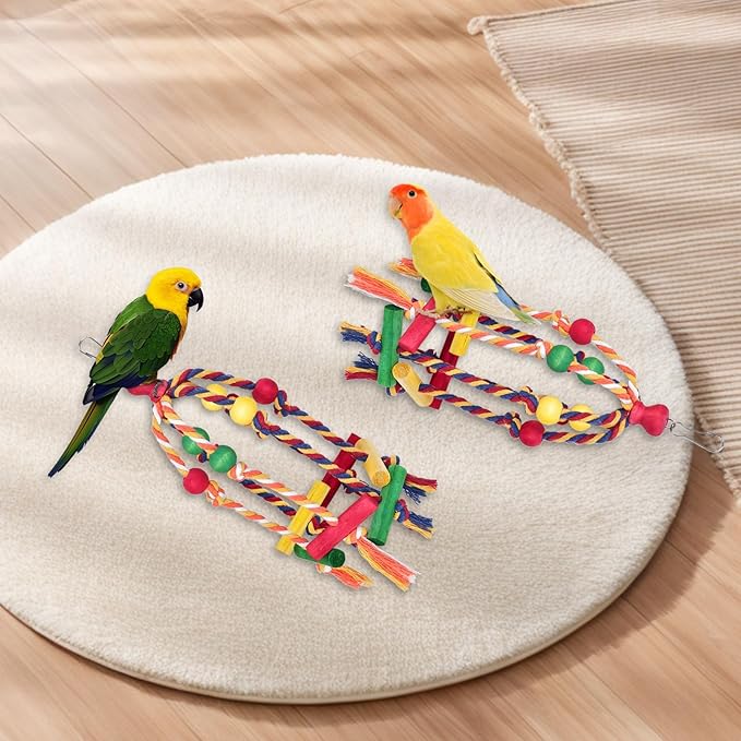 2PCS Dangly Rope Bird Toys，Medium and Small Birds Toys Multicolored Natural Wooden Bird Chewing Bird Cage Accessories for Parakeet Parrot Conure Cockatiel Budgies Lovebird Cage Toy