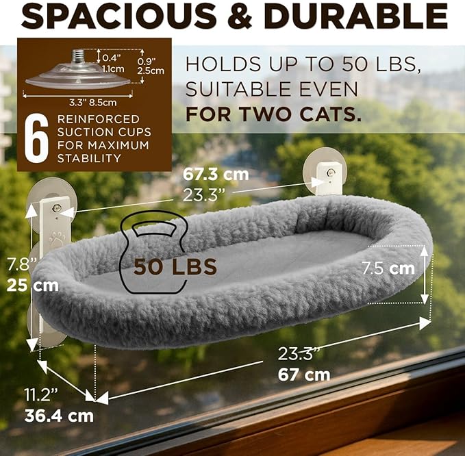 Cat Window Perch – Strong 6 Suction Cup Cat Hammock Bed That Holds up to 50 lbs with Washable Reversible Cover, Sturdy Metal Frame for Indoor, Window or Wall Mounted Perch (Gray)