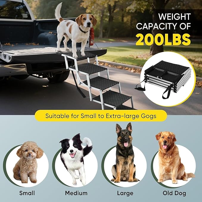 Foldable Dog Stairs, Car Dog Stairs 5 Steps 70kg Load Bearing Extra Wide Anti Slip Pet Ramp with Soft Foam Handle and Safety Straps, for SUV High Beds Truck Car Sedan