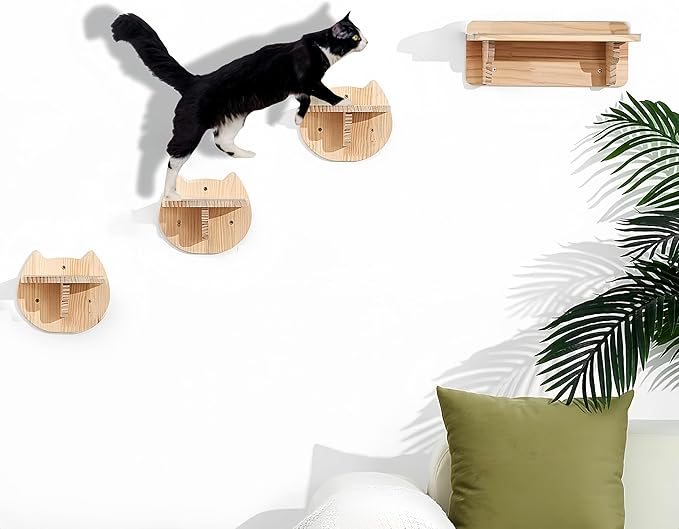 Cat Wall Shelves with 3 Steps - All-in-One Climbing & Resting Furniture, Solid Wood Wide Perch & Hammock for Indoor Cats, Supports up to 25lbs for Small to Large Cats