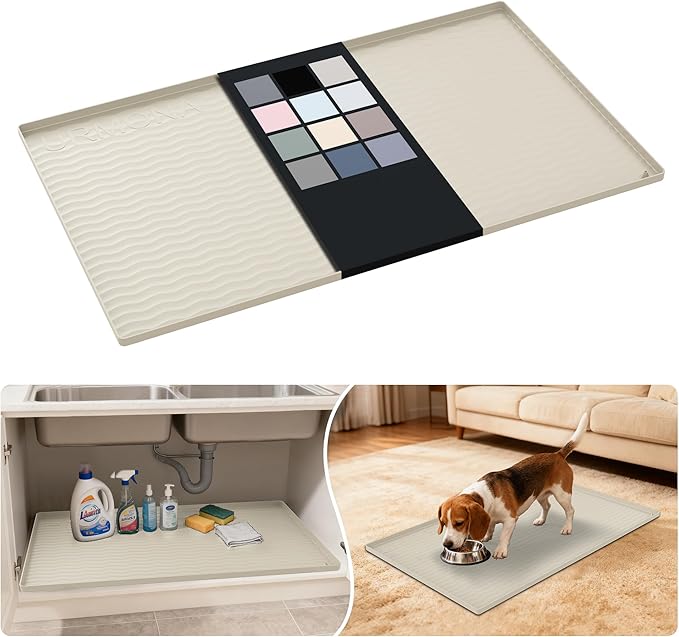 URMONA Waterproof Silicone Under Sink Mat 37'' x 22'' Shelf Liner for Kitchen and Bathroom, Cabinet and Counter Protector, Storage and Organizers, Litter Mat, Pet Cat Puppy Essentials(Cream)
