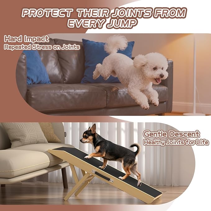 Dog Ramp for Couch, Dog Bed Ramp for Small Dogs, 4-Level Adjustable (8.6"-20.9") Foldable Pet Ramp, Wide Non-Slip EVA Surface with Glow Strips, Solid Birchwood 200Lbs