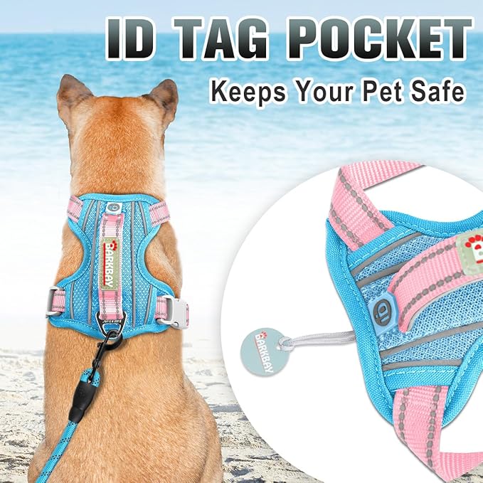 BARKBAY No Pull Dog Harness Large Reflective Dog Harness with Front Clip and Easy Control Handle for Walking Training Running with ID tag Pocket(Baby Blue & Baby Pink,XL)