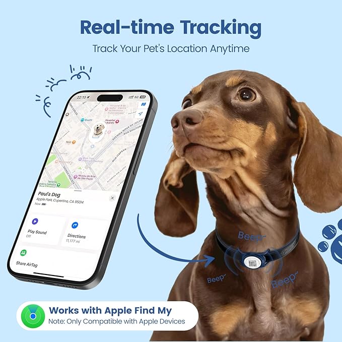 Smart Pet Tracker for Collar - Dog Trackers Location for Pet with Holder, No Monthly Fee, Real-Time Tracking, iOS Only, Emergency Contact, Long-Lasting, Anti-Lost Tracker for Cats, Bag Straps,Blue