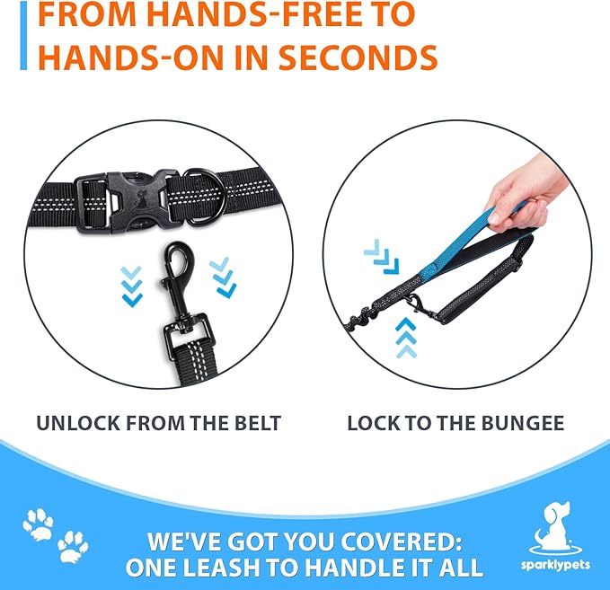 SparklyPets - Hands Free Double Dog Leash - Dual Dog Leash for 2 Small Dogs - with Padded Handles, Reflective Stitches - No Pull, Tangle Free, for Walking, Hiking, Canicross - for Small Dogs