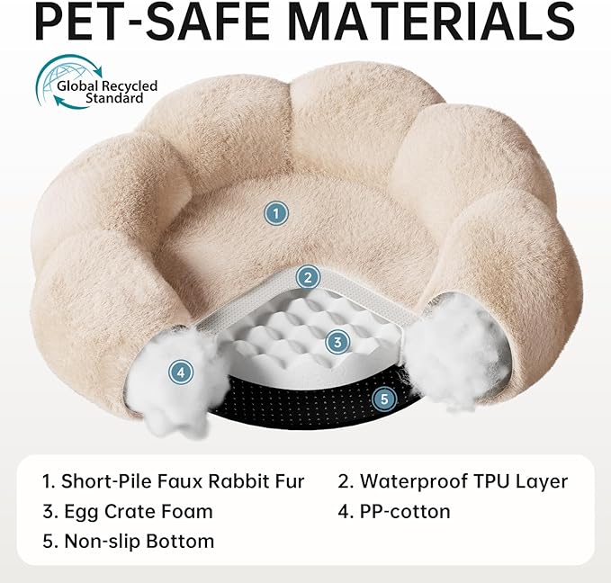 OhGeni 31 inches Calming Donut Orthopedic Dog & Cat Bed for Medium Pets, Warming Comfort Fluffy Short Pile Fur, Durable Waterproof Machine Washable Removable Cover, Cute Round Bed for Puppy, Cream