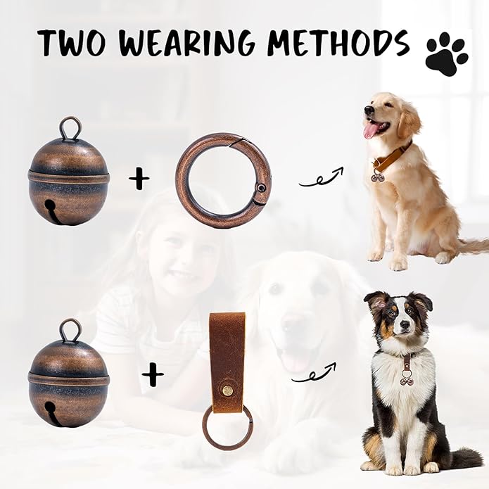 Loud Dog Collar Bells, Durable Pet Bells Tracker for Large Dogs, 4 Copper ells and 2 Leather Button Strap for Outdoor Safety, Pet Tracking, Hiking, Walking