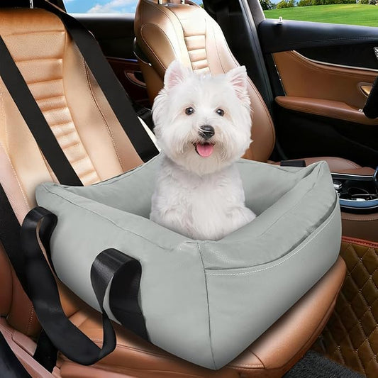 Dog Car Seat for Small Dogs, Large Leather Dog Car Bed with Storage Pocket, Waterproof PVC Leather Booster Seat Travel Bed for Front & Back Seat, Clip-On Safety Leash (Grey)