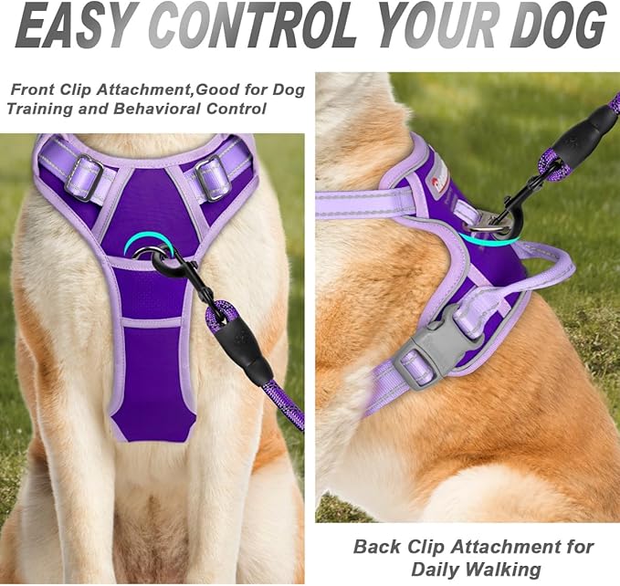 BARKBAY No Pull Dog Harness Front Clip Heavy Duty Reflective Easy Control Handle for Large Dog Walking(Violet Purple & Purple,XL)