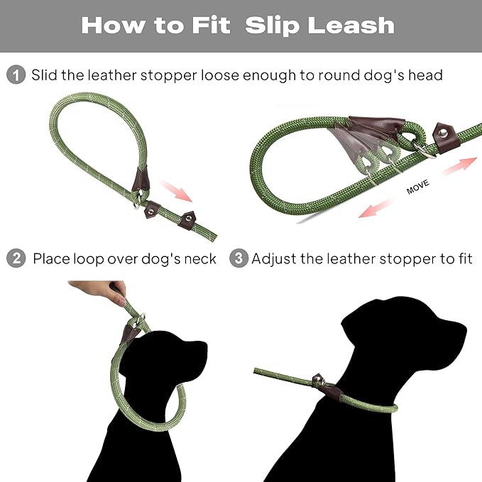 TwoEar Slip Leads for Dogs, 1/2" x 6FT Slip Leash for Large Dogs with Highly Reflective Threads, Comfortable Strong Rope Slip Leads, No Pull Pet Training Leash, Green