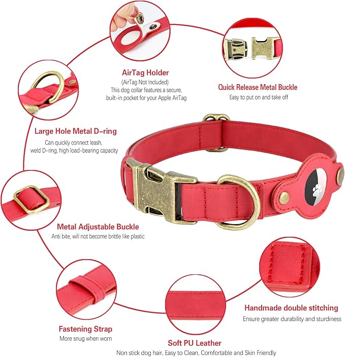 AirTag Dog Collar for Medium Dogs - Soft Leather Dog Collar with Apple AirTag Holder and Metal Buckle - Smart Tracker GPS Apple Air Tag Pet Collars (Red, M)