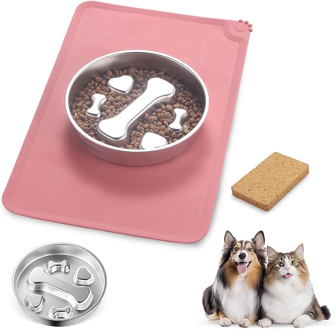 Stainless Steel Slow Feeder Dog Bowls – Non-Slip Metal Dog Bowl for Large & Medium Breeds, Puppy Puzzle Feeder – 2 Cup Capacity for Small to Big Pets – Durable Slow Feed Dog & Cat Food Dish with Mat
