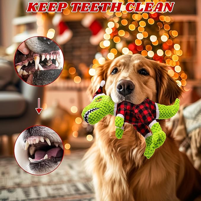 Christmas Dog Plush Toys- Squeaky Toy Dinosaur with Crinkle Paper- Interactive Funny Toys to Keep Your Dogs Engaged for Hours for Small and Medium Breeds