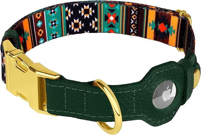 AirTag Dog Collar for Small Medium Large Breed - Adjustable Cute Pattern Dog Collar with Airtag Holder - Soft Leather Tracker GPS Apple Air Tag Pet Collars (X-Small, 9"-12" Neck Fit, Tribal)