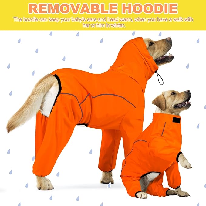 Dog Raincoat, Waterproof Dog Rain Jacket with Removable Hood，Adjustable 4 Legs Pet Poncho with Leash Hole，Reflective Stripe Hooded Snowproof Windproof Clothes for Small to 3X-Large Dogs, XL