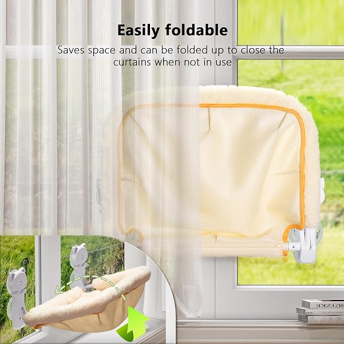 Cat Window Perch Cordless, Foldable & Stable Cat Beds- Breathable Cat Window Hammock for Overlooking, Sunbathing and Climbing - Maximum Hold Up to 40lb(Cream)