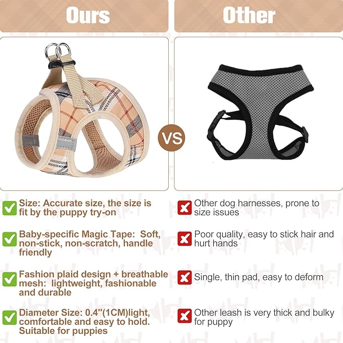 BEAUTYZOO Small Dog Harness and Leash Set,Step in No Choke No Pull Soft Mesh Dog Harnesses Reflective for Extra-Small/Small Medium Puppy Dogs and Cats, Plaid Dog Vest Harness for XS S Pets, Beige XL