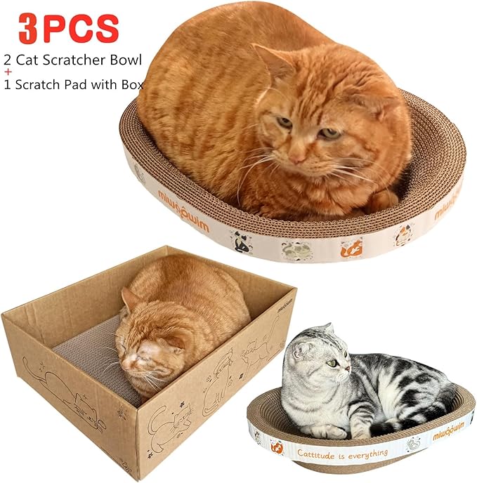 3PCS 2 Cat Scratcher Bowl +1 Corrugated Scratch Pad with Box,Oval Shape Cat Scratcher Cardboard Bed, Scratching Lounge Bed, Cute Round Scratcher for Indoor Cats