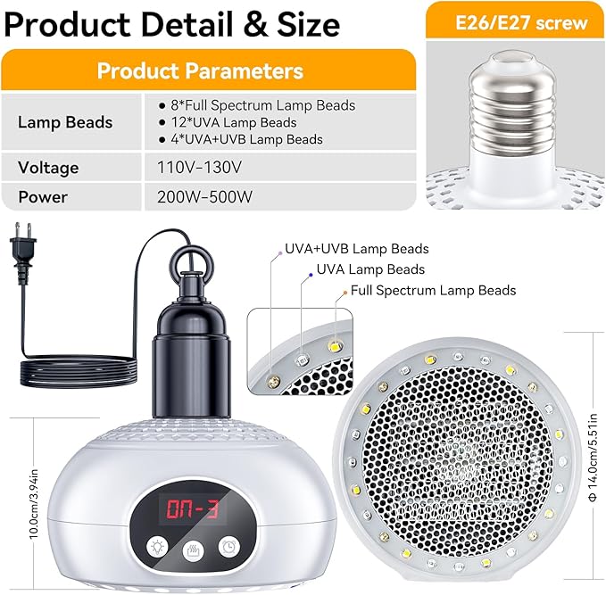 QRQ Chicken Coop Heater, 200W-350W-500W Reptile Heat Lamp Upgraded with UVA UVB Light 3-6-9-12H Timer, Chicken House Dog House Greenhouse Heater Outdoor,for Dog Cats Reptile Bird (White)