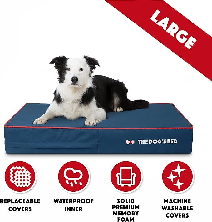 The Dog’s Bed Orthopedic Memory Foam Dog Bed Large Blue Oxford with Red Trim UK Flag, Pain Relief for Arthritis, Hip & Elbow Dysplasia Post Surgery Supportive, Waterproof Washable, Veterinary Approved