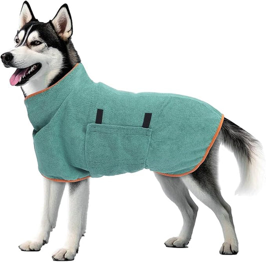 VINGVO Dog Bath Towels Wrap for Drying Dogs, Super Absorbent Pet Bath Robe, Adjustable Collar & Microfiber Pet Dog Bath Robe, Fast Drying for Dogs at Home and Outdoors (Green, XL)