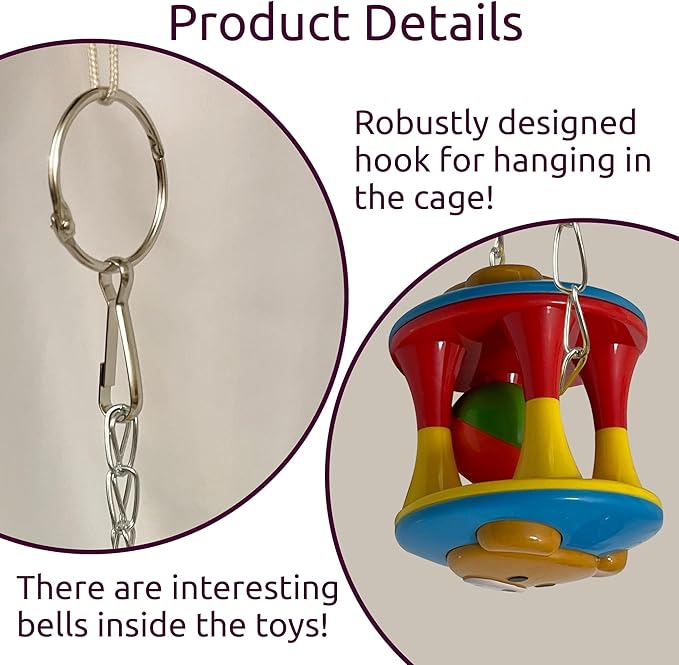 SIMENA Parrot Ball Toy with Bell, Cage Hanging Accessories for Medium to Large Birds, Interactive Toys for Birds, Cat Ball Toy (Bear, Set of 1)