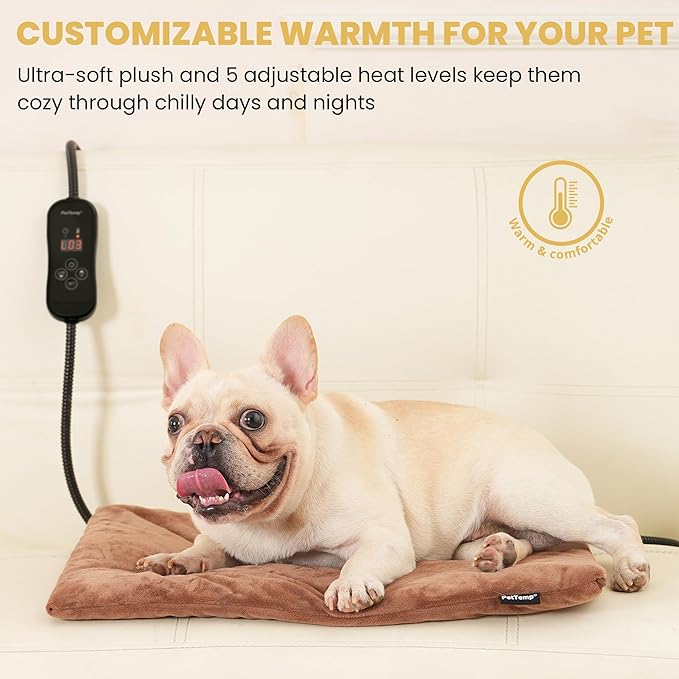 Pet Heating Pad for Cats and Dogs, Heated Cat Bed & Dog Heating Pad with 5 Temperature Levels, Waterproof Heated Pet Mat with Timer, Auto Power-Off and Chew Resistant Cord, 20'' x 16''