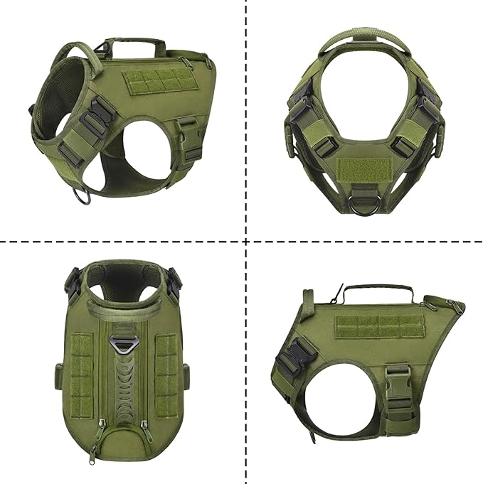 Tactical Dog Backpack Harness for Large Breed Original Design Metal Buckle Vest with Side Bags Pouches for Service Working Training (Green (with 2 Pouches), L)