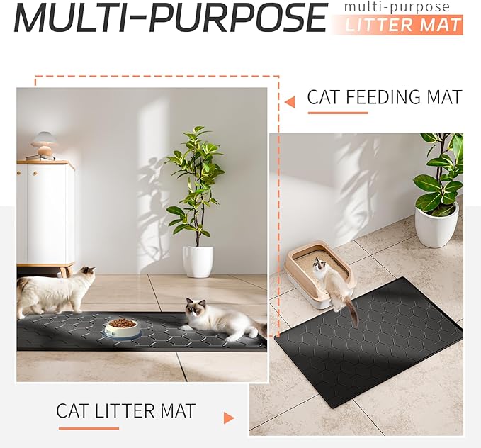 Large Silicone Cat Litter Mat, Waterproof/Urineproof, Litter Recycling, Easy to Clean, Soft on Kitty Paws (22"X34"- Black)
