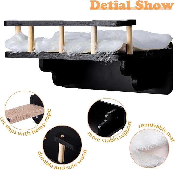 Cat Wall Shelf with 3 Cat Wall Steps,Cat Wall Shelves with Plush Coverd,Cat Climbing Shelf for Indoor Cat,Cat Wall Furniture Cat Shelf for Wall (Black)