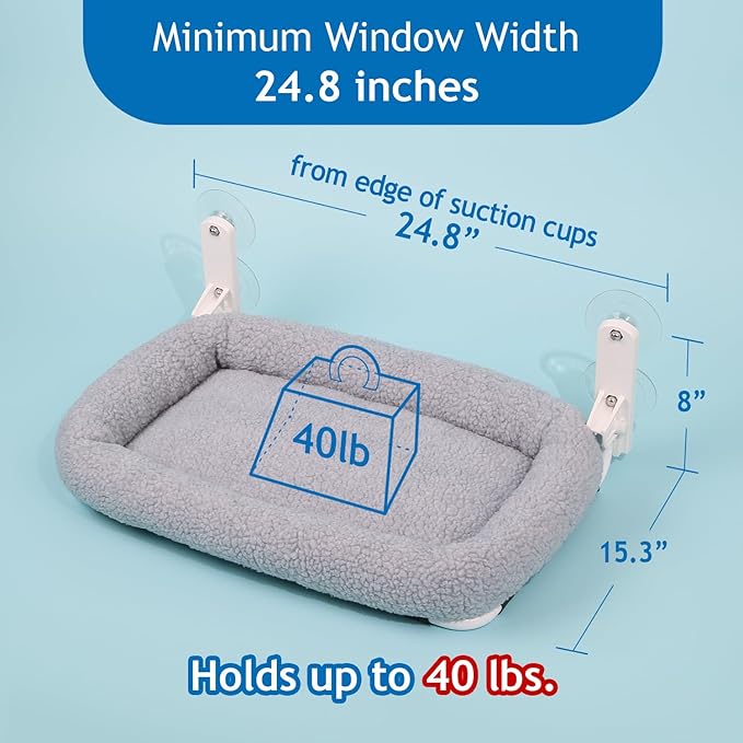 Zakkart Foldable Cat Hammock for Window - Cordless, Embeded Machine Washable Bed, Robust Metal Frame - Cat Window Perch for Large Cats and Kittens (Gray Bolster Bed, Large)