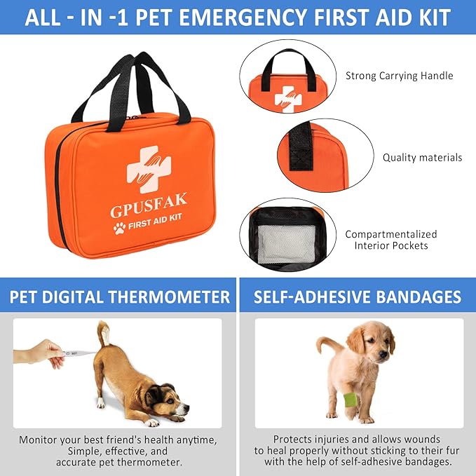 Pet First Aid Kit for Dogs and Cats - Pet Emergency Kit for Camping Hiking Traveling Hunting and Sports Orange