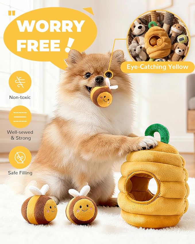 BurgeonNest Dog Toys for Small Dogs,Interactive Plush Squeak Puzzles Chewers to Keep Them Busy,1 Beehive 3 Squeaky Bees,2 Treat Petals,Puppy Xmas Present