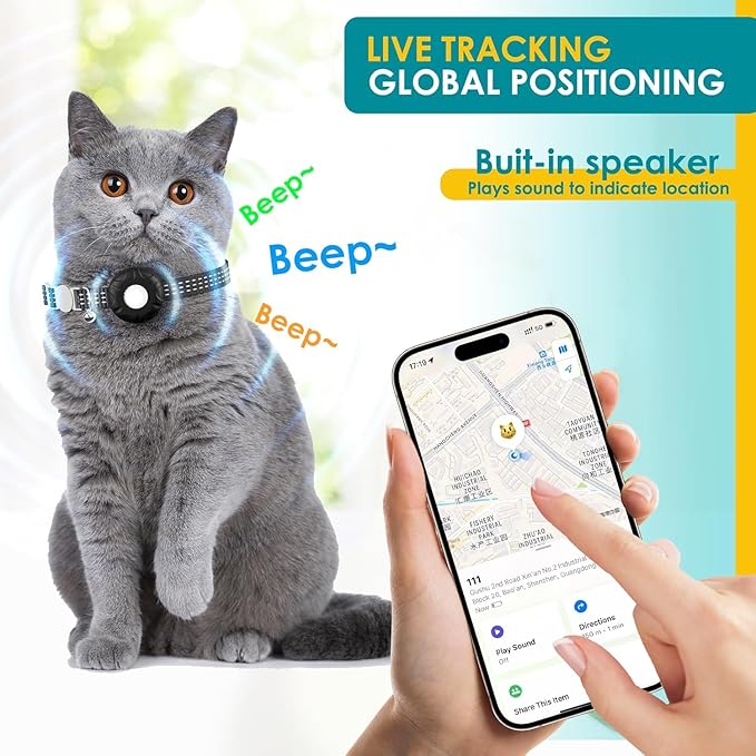 Cat Tracker,Pet Tracker for Cats Compatible with Apple Find My App(Only iOS),Waterproof Tracker Cat Collar with Safety Elastic Buckle,No Monthly Fee,Works with Any Collar (Black)