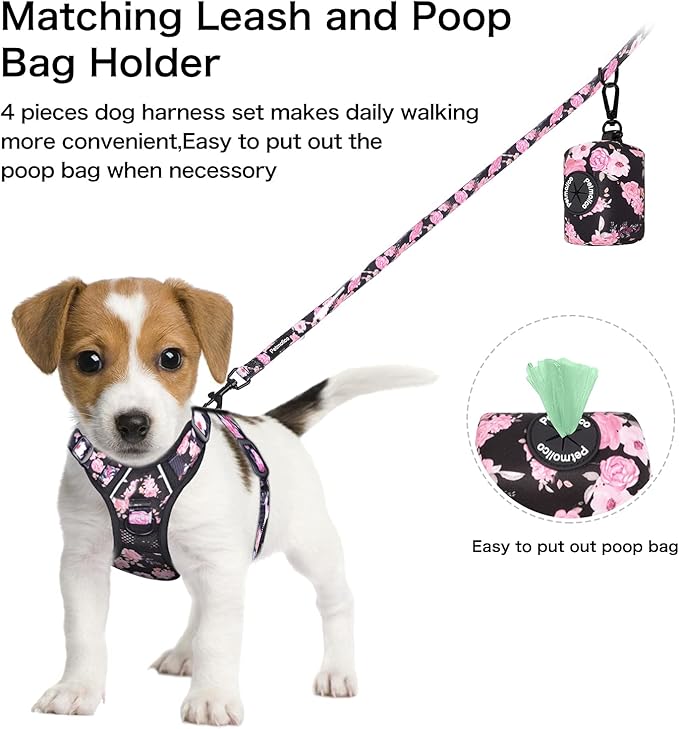 Petmolico Large Dog Harness Set, Reflective Vest Harness, 2 Leash Attachments, Rope Leash, Poop Bag Holder, Black with Pink Rose