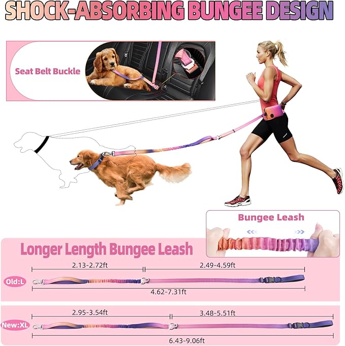 Roses&Poetry Hands Free Dog Leash with Zipper Pouch, 6-9ft Bungee Waist Leash for Medium Large Dogs Walking, Running Lead with Dual Padded Handles Car Safety Buckle for Training Jogging