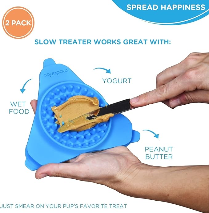 Aquapaw Suction Cup Lick Mat for Dogs - Bath Time Lick Mat for Bathtub - Mental Stimulation Slow Feeder Pad - Peanut Butter Treat Holder - 2-Pack, Regular, Blue