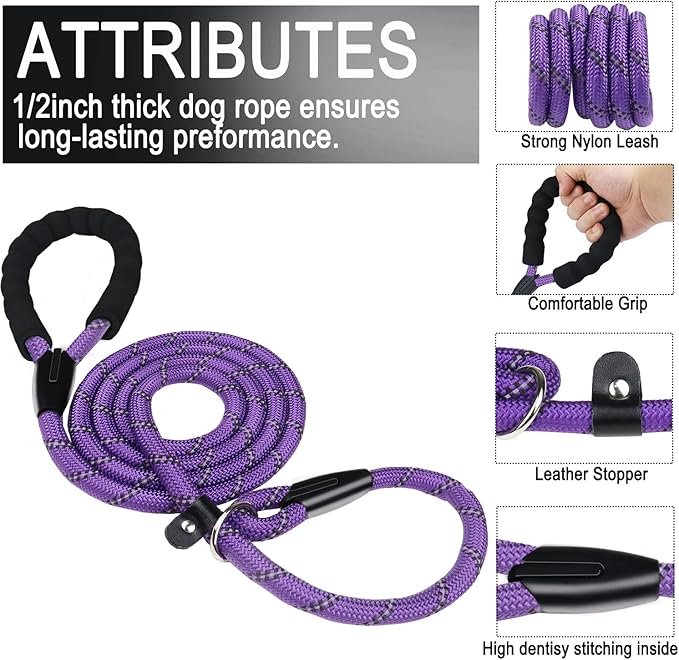 Dog Rope Leash, Strong Dog Leash, Premium Quality Training Dogs Leashes with Comfortable Padded Handle and Highly Reflective Threads for Small Medium and Large Dogs, (Purple)