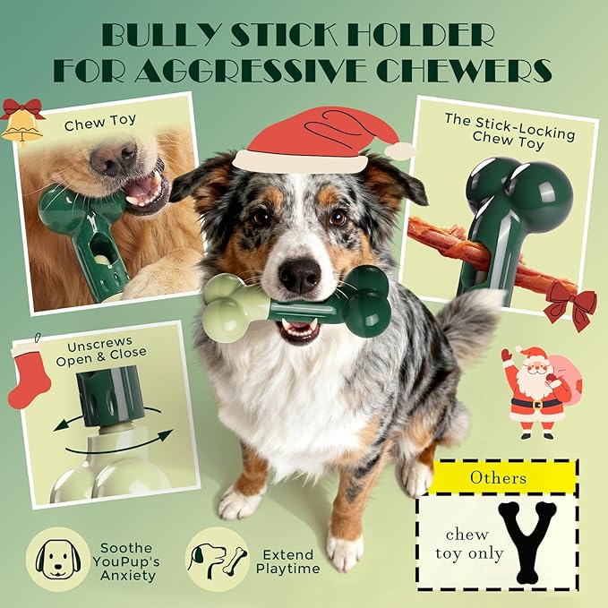 Apasiri Bully Stick Holder for Aggressive Chewers: Indestructible Dog Toy Prevents Choking No More Swallowed Ends, Bacon Flavored Nylon Tough Chew Toy to Keep Them Busy Medium/Large Dogs, Green