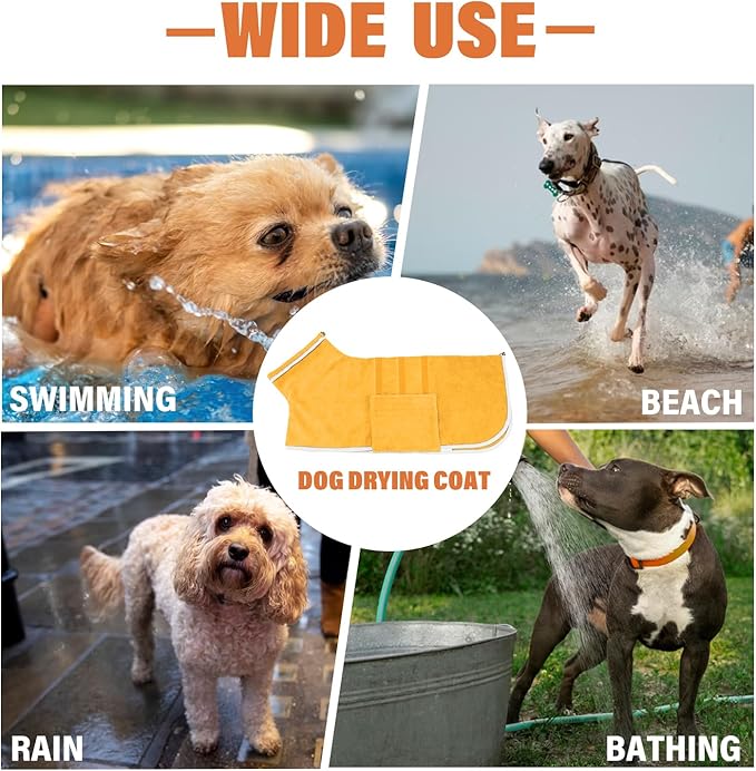 Dog Robe - Fast Drying Towel - Microfiber Super Absorbent Pet Bathrobe, Adjustable Collar & Belly Strap (Yellow, Medium)