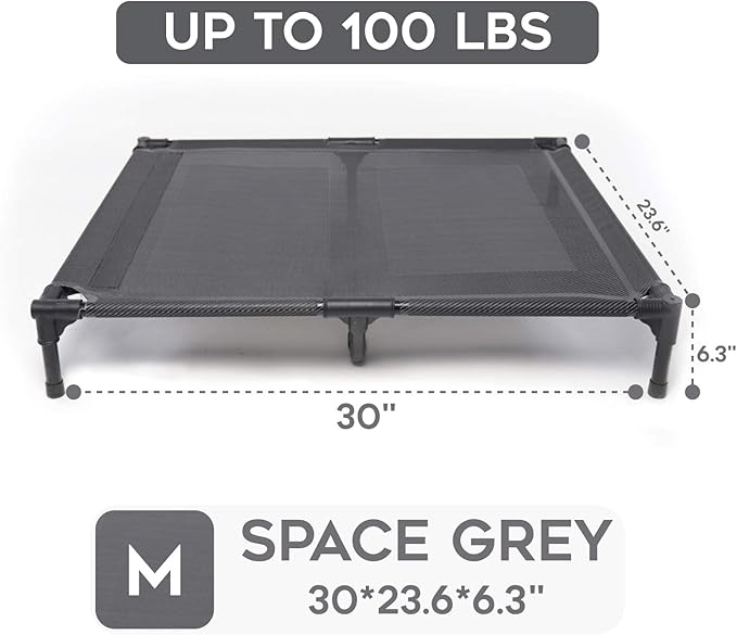 suddus Elevated Dog Bed for Medium Dogs, Dual Support Cooling Cot with Teslin Mesh, Portable Waterproof Pet Bed for Indoor/Outdoor Use, Medium, 30x23x6.3 Inch, Grey