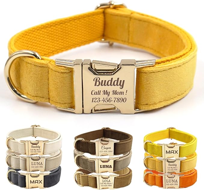 Velvet Personalized Dog Collar with Name - Customizable Dog Collar with Quick Release Metal Buckle - Leash and Bow Tie Available (Yellow, L)