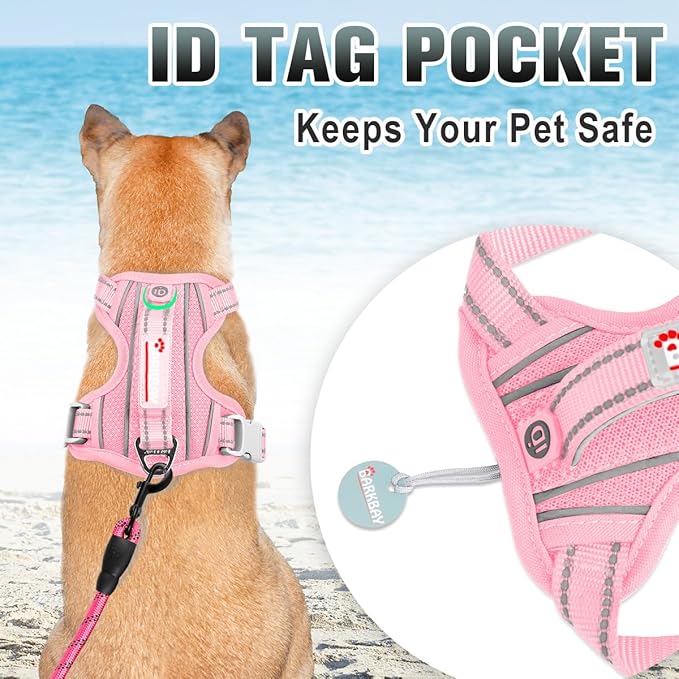 BARKBAY No Pull Dog Harness Large Reflective Dog Harness with Front Clip and Easy Control Handle for Walking Training Running with ID tag Pocket(Baby Pink,S)
