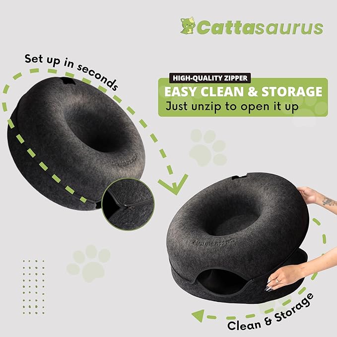 Cattasaurus Peekaboo Cat Cave Duo Jumbo Set, Extra Spacious Cat Donut for Multiple & Large Kitty 15+ lbs, Scratch Detachable Cat Beds for Indoor Cats, Washable Cat Tunnel Bed, Best Kitten Toys