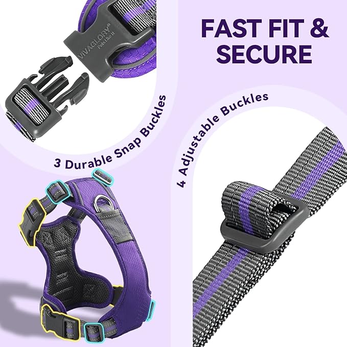 VIVAGLORY Dog Harness Easewalk No Pull Dog Harness with Handle & Front Back Clip for Training Lifting, Easy On Adjustable Padded No Pull for Pet & Puppy, XS, Purple