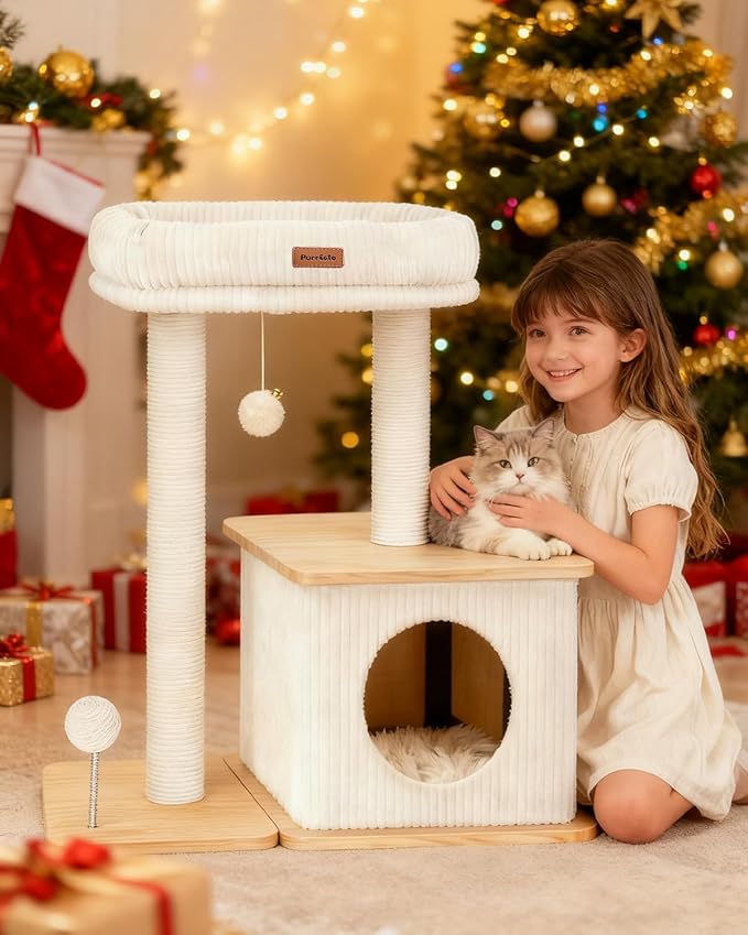 Modern Cat Tree for Indoor Cats, Nordic Loft Style, Wooden Cat Tower with Sisal Scratching Posts, Soft Padded Beds & Cozy Condos, Floor-Mounted for Kittens & Adult Cats