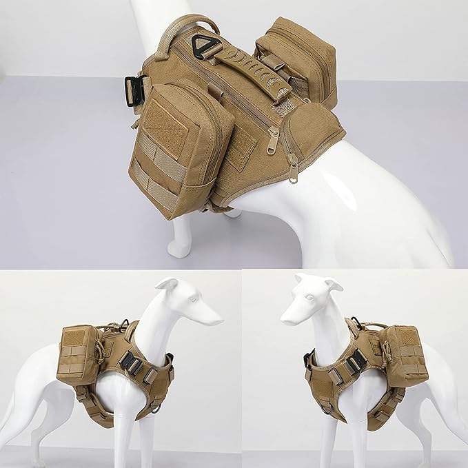 Tactical Dog Backpack Harness for Large Breed Original Design Metal Buckle Vest with Side Bags Pouches for Service Working Training (Khaki (with 2 Pouches), XL)