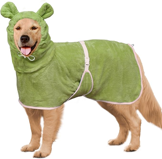 Dog Bathrobe Super Absorbent Towel Robe - Microfiber Bath Towels Fast Drying Coat for Dogs, Cute Dogs Clothes Adjustable Collar & Belly Strap Warm Keeping Hooded Dog Towel (Olive Green, XX-Large)
