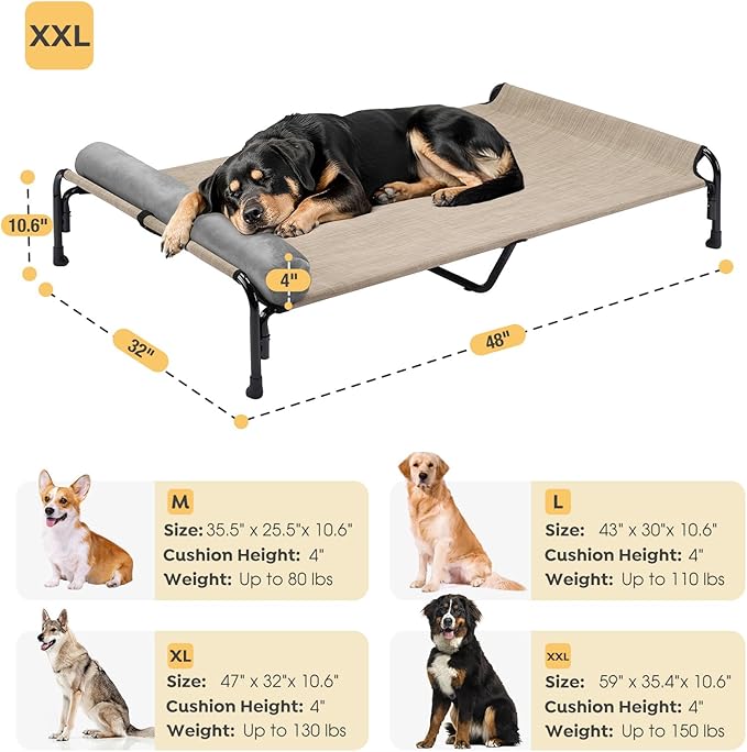 Veehoo Large Elevated Dog Bed, Outdoor Raised Dog Cot Hammock Bed with One-Sided Removable Headrest Bolster, Cooling Breathable Washable Teslin Mesh, Off Ground, Anti-Slip, XXL, CWC2204BCP